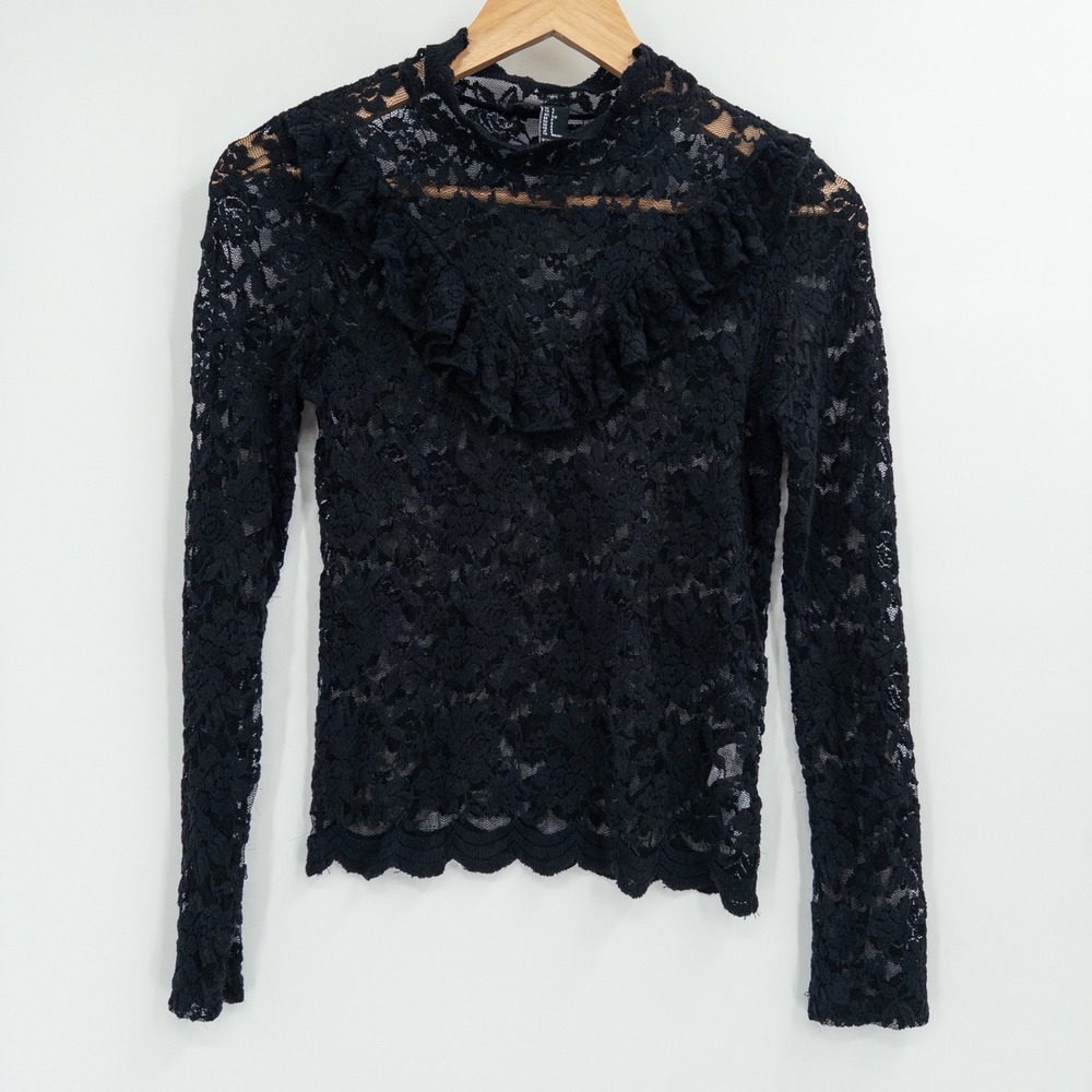 Forever 21 Lace Top Womens Small Black Ruffle Mock Neck Whimsigoth Goth Blouse